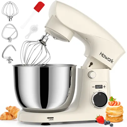 HOWORK 5-Quart Round Bowl Tilt-Head Electric Stand Mixer - 10-Speed Multi-Speed Mix for Home Bakers, Stainless Steel Bowl, 3-in-1 Tools (Dough Hook, Whisk, Flat Beater) for Baking & Daily Use, Standard Plug