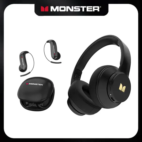 Monster Over-Ear Headphones & EarBuds Bluetooth Combo – Deep Bass, Clear Sound, Noise Cancelling Mic, Zero-Gravity Titanium Ear-Hook, Noise Isolation,Waterproof, 165H Playtime, Foldable Wireless Headset for Travel, Work - TikTokShopBackToSchool