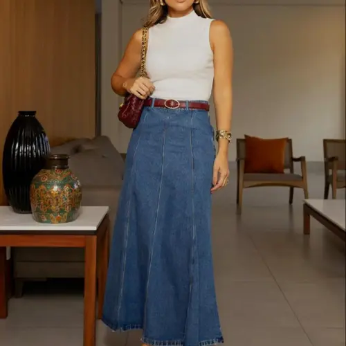 Casual Stretchy Elastic Washed Flared Denim Skirt, Loose-Fitting Plain Basic Skirt, Women's Summer Wear for Daily Wear & Date Bottoms