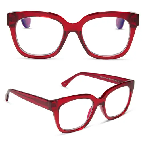DIFF Ava Red Cherry Reading Glasses - Womens Blue Light Readers Lightweight Chunky Rectangular Frame