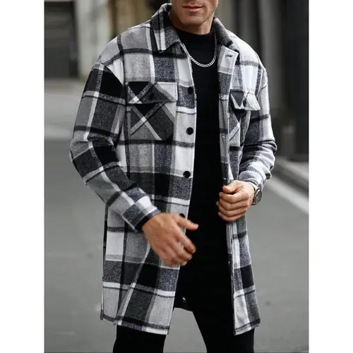 KZZ Men's Classic Plaid Long Sleeve Trench Coat - Buttoned Lapel, Lightweight Fabric, Loose Fit, Front Button Pockets, Casual Menswear Tops Clothes for Spring & Autumn