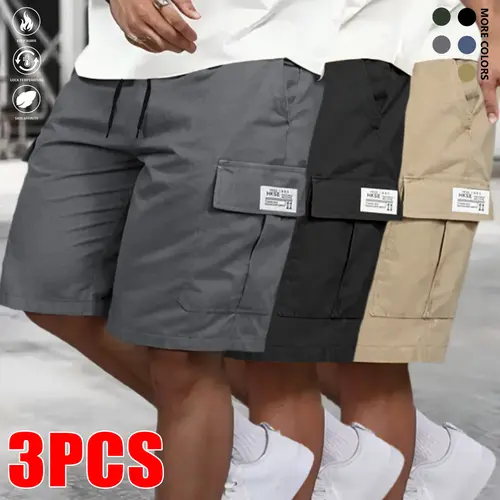Men's 3-Pack Black+Gray+Khaki Cargo Shorts Bundle - Heavy-Duty Ripstop Fabric, Utility Pockets, Adjustable Waist, Workout Ready, Straight Pants - Hiking, Construction Use, Sporty Chic, Street Clothes, Fitted Cut, M