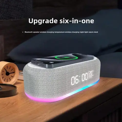 6-In-1 Compact Adjustable Colorful Bluetooth Speaker, Wireless Charging Station - 15W Charger, Alarm Clock, Temperature Display, Multi-functional Creative Audio Gift for Smartphone Devices