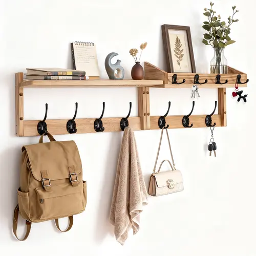 29 Inch Length Shelf with Hooks Entryway Coat Rack, 4 in 1 Wall Mounted Coat and Key Hanger, Wall Mount Wood Coat Hooks with Shelf Wall-Mounted Coat Hook Rack with 11 Hooks for Bathroom, Living Room, Bedroom