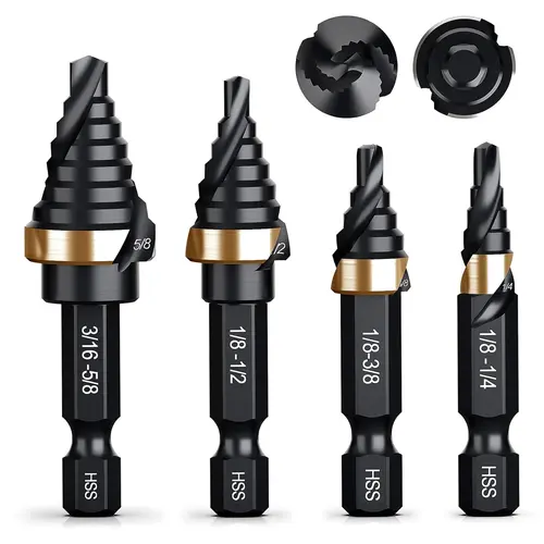 【BackToSchool】THINKWORK Spiral Flute Step Drill Bit Set, 4 Pcs Single Size HSS Step Bits (1/8"-5/8"), Small Size EDC Unibit with 1/4" Shank Step Bits for Metal, Aluminum, Steel, Wood Plastic