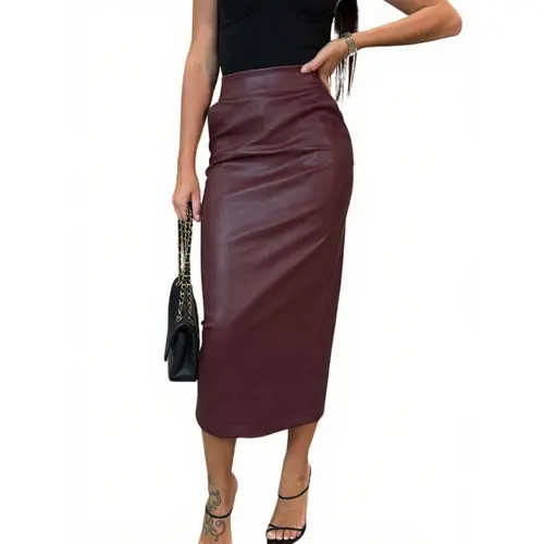 Chouyatou Women's High-Waist Slim-Fit Faux Leather Midi Pencil Skirt with High Slit, Pockets - Women's Bottoms