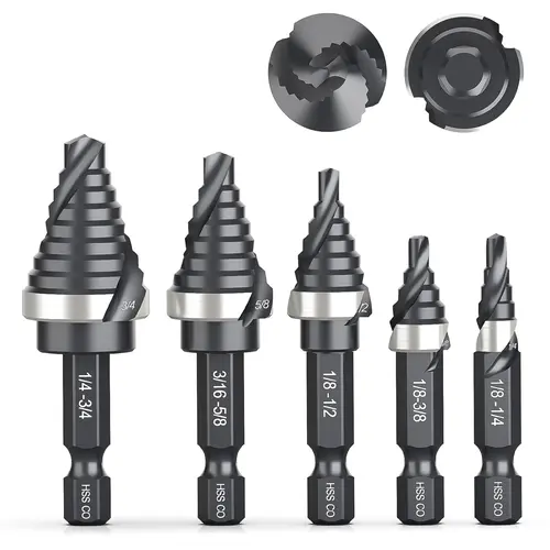 【BackToSchool】THINKWORK M35 Cobalt Spiral Flute Step Drill Bit Set, 5 Pcs Single Size HSS Step Bits (1/8"-3/4"), Small Size EDC Unibit with 1/4" Shank Step Bits for Metal, Aluminum, Steel, Wood Plastic