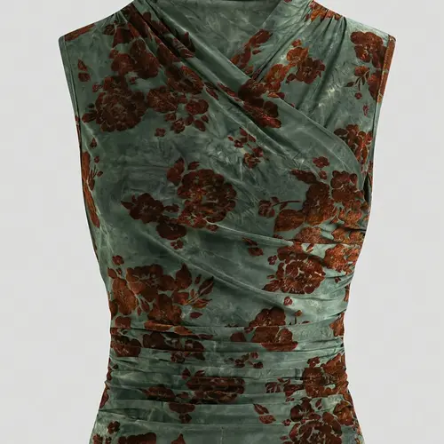 Women's Vintage Fashion Comfortable Floral Collar Waist Pleated Ruched Design Elegant Sleeveless Slim Fit Vest, Stylish Retro Style, Perfect for Casual Wear