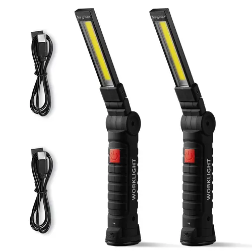 VEVOR 2-Pack Rechargeable LED Work Lights - 1200 mAh, 0.62lb Compact Rechargeable Flashlights, High-Brightness Adjustable Tactical Light, Magnetic Base, 360° Rotation, 5 Modes, Foldable Grill Lamp, Outdoor Ready for Mechanics, Home Repairs, High Lumen Fla