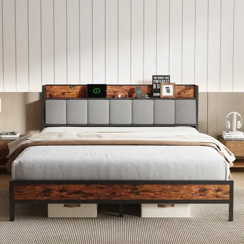 Bed Frame with Charging Station USB/Type-C & Storage Headboard Modern Metal Platform Bed Frame Easy Assembly Heavy Duty Slats Support Noise Free No Box Spring Needed Twin Full Queen King Size