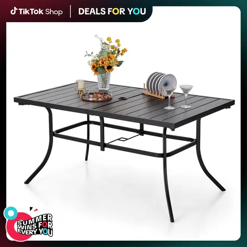 PHIVILLA 60'' Outdoor Dining Table for 6 with E-Coating Metal, 1.57" Umbrella Hole, All-Weather Resistant Rectangular Design,DealsForYouDays