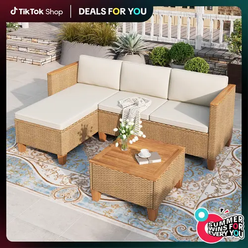 PHIVILLA 6 Seats Outdoor Patio Rattan Furniture Sofa Set with Acacia Wood Coffee Table, Thick Cushions Sofa Set for Balcony, Porch & Patio, Home Decor,TikTokShopBackToSchool