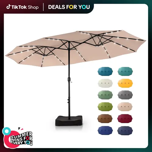 DealsForYouDays PHIVILLA 15ft Large Outdoor Patio Umbrella with Base – LED Light Option, Double-Sided, Crank Handle, Waterproof，Comes with Weighted Base and Sandbag, Accommodates 10 People, Great for Poolside, Garden, Lawn, Backyard, Deck and Beach