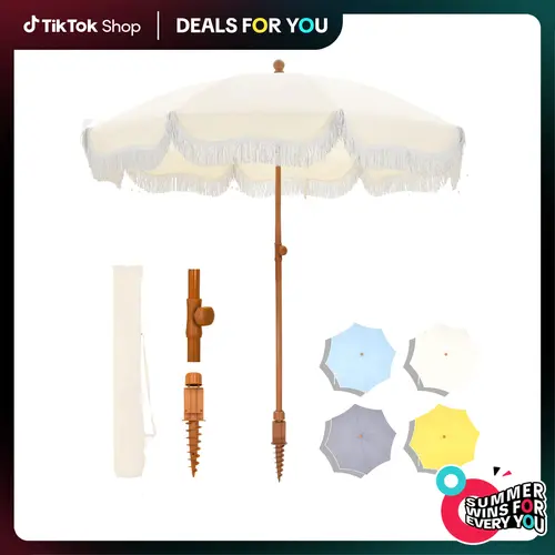 PHIVILLA 7ft Patio Beach Umbrella with Fringe NO Base, UPF 50+ Canopy, 8 High Wind Proof Fiberglass Ribs, Fully Assembled, Carry Bag Available Outdoor Aesthetic Round, TikTokShopBackToSchool
