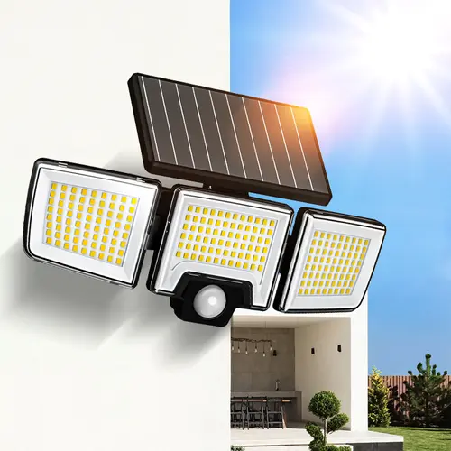Solar Outdoor Security Floodlight, 3-Head 216 LED Solar Motion Sensor Light with Remote Control, IP65 Waterproof Patio Light, 1200 Lumens 2000mAh Batteries Adjustable Wall Lamp for Decking & Patio Lighting, Garden, Garage