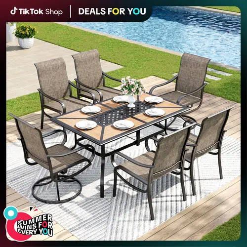 Phivilla Rectangular Outdoor Dining Table Set with 1.6"-2" Adjustable Umbrella Hole, 6 Person Patio Table for Outdoor, Rectangle Patio Table with Faux Wood Tabletop and Metal Steel Frame