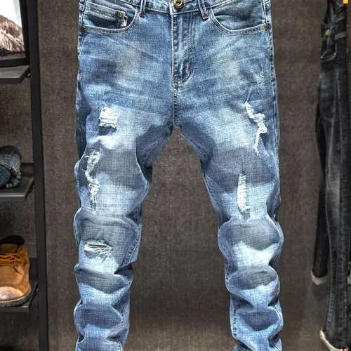 Men's Light Wash Distressed Ripped Fitted Plain Denim Jeans, Fitted Casual Jeans, Trendy American Street Style, Perfect Gift for Husband or Boyfriend, Streetwear Pants