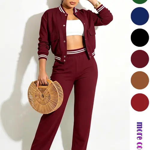 2026 Spring Casual 2 Piece Tracksuit, Athleisure Tracksuit for Women, Button Front Striped Trim Baseball Jacket and Wide Leg Pants Lounge Set, Athleisure Outfits