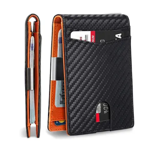 Men's RFID Anti-theft Bi-fold Card Holder - Holiday Edition, carbon fiber texture, ultra-thin minimalist design, with a bill holder and multiple card slots. A slim pocket card holder suitable for everyday and travel use. (SpringStatements)