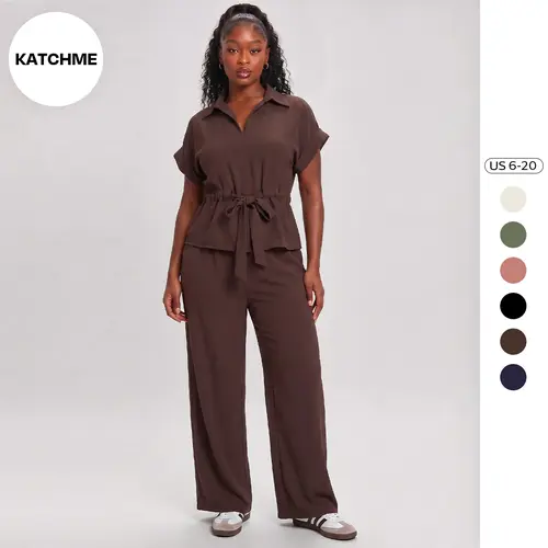 KATCH ME Women's Basic 2-Piece Collared Neck Rolled-Up Short Sleeve Top & Loose Wide Leg Trousers Co-ord, Minimalist Womenswear, Plain Summer Outfits