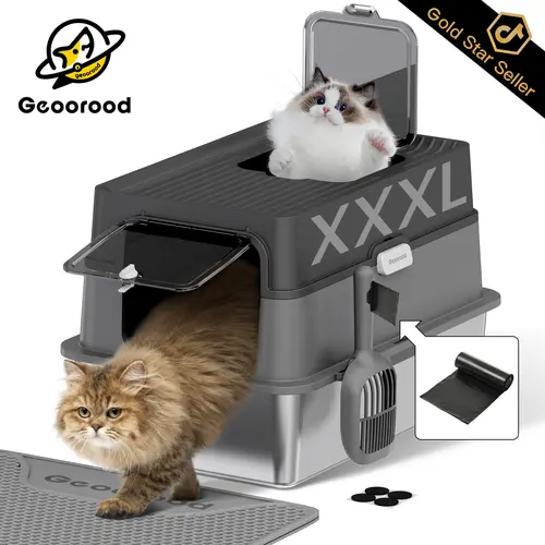 【Geoorood】Stainless Steel Litter Box with Lid, XL Extra Large Enclosed Metal Litter Box for Big Cats, High-Sided Removable Design with Scoop, Anti-Leakage, Non-Sticky, Easy Cleaning, 3-Layer Shell Assembles with Ease, Odor Control Solutions