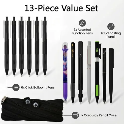 Rarler 13PCS Smart Pen Set with Monster Pencil Case - 8 Unique Styles (Twist, Everlasting, Grip, Click, Retractable, Agile, Erasable Gel, 6x0.5mm Ballpoint) - Back to School Supplies for Students