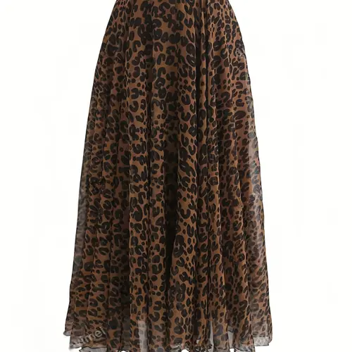 Women's Leopard Print Elastic Waist A-Line Skirt, Elegant Long Fitted Skirt, Woven Fabric, All Seasons Wear, Moderate Thickness, Leopard Printed Skirt