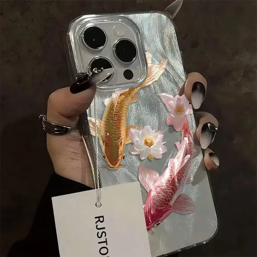 Koi Fish & Lotus Pattern Phone Case, Clear Phone Cases for iPhone17 16 15 14 13 12 11 Pro Max, Phone Accessories, Cover, Phone Case 16 Plus.QXY230.designer,case Protection Protective