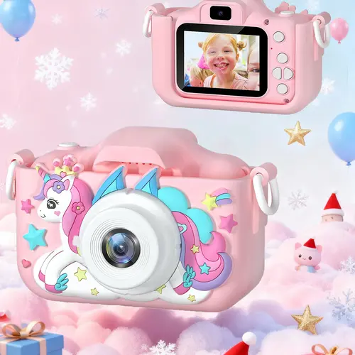 Kids Plastic Electronic Portable Travel Camera Toy - HD Video, Selfie Mode, Cute Silicone Case, Digital Zoom, Lanyard, Rechargeable Battery, LCD Screen, Interactive, Timelapse, Ideal for Ages 3-12, Birthday Gift for 10-12 Girls, Kids' Gadgets