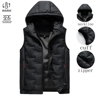 Men's Warm Cotton-Polyester Sleeveless Hooded Gilet Vest Tops, Autumn-Winter Casual Streetwear Waistcoat