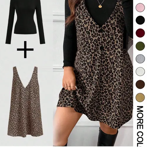 Women's Vintage Leopard Print Dress & Plain Long Sleeve Top Two-Piece Set, Animal Print Autumn Winter Casual Everyday Wear Outfit for Shopping & Dates, Womenswear