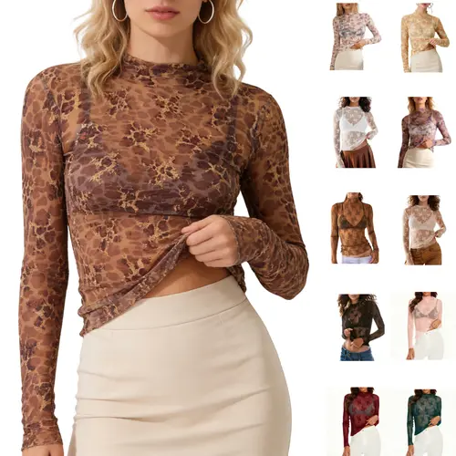 Yeokou Women Floral Lace Mesh Long Sleeve Top Sheer Mock Neck Layering Blouse