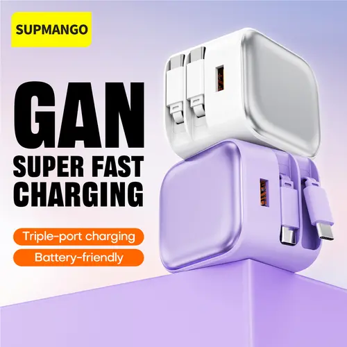 SUPMANGO 35W Advanced GaN Universal Wall Charger - USB Charger with 2 Retractable 27.5in Type-C Cables, Portable Mobile Charging Accessory for Smartphone, Devices, Cellphone