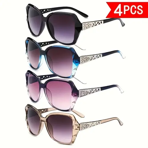 Summer sun protection glasses four-piece set, Y2K classic retro elegant large frame hollow temple design, trendy and fashionable summervibes,,summerwins,summeroutfits,vacationoutfits,beachoutfits