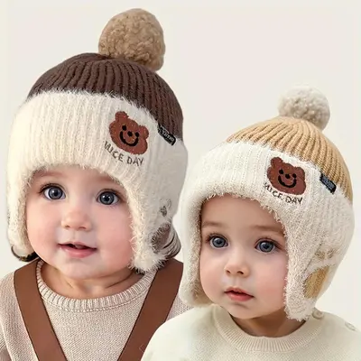 Child-Sized Winter Hat for 2-3 Years, Cute Bear Character Ears, Pom-Pom, Soft Plush Lining, Machine Washable, Warm Neck & Head Protection