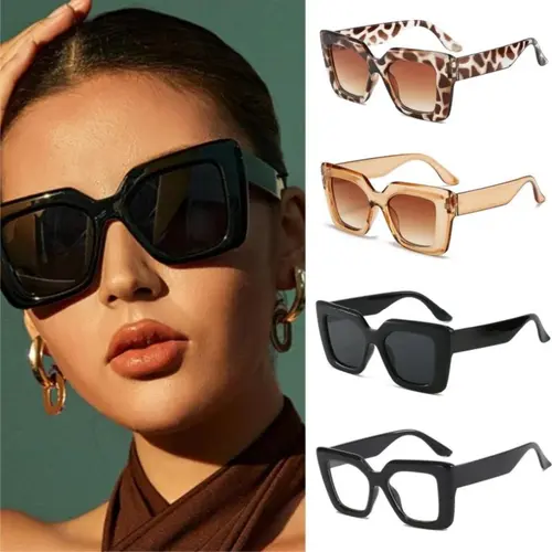 Women's 4-Piece Oversized Square Sunglasses - Semi-Rimless Chic Black Anti-UV Minimalist Eyewear, Leopard Print Styles, for Streetwear, Outdoor Use, Sunglasses for Women, Womens Sunglasses