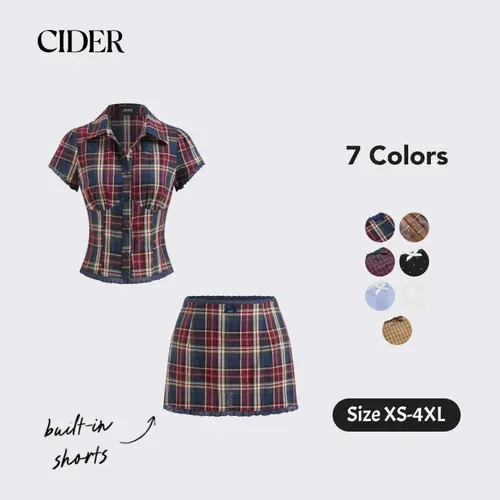 Cider Cotton Plaid Collar Short Sleeve Blouse & Mid Rise Lace Trim Bowknot Mini Skirt Set