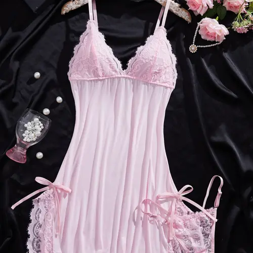 Women's Elegant Cute Lace Deep V Slim Fit Strap Dress, Loungewear, Womenswear, Plain Pattern, Fitted Style, Moderate Fabric Thickness, All Seasons Wear, Loungewear Night Gown