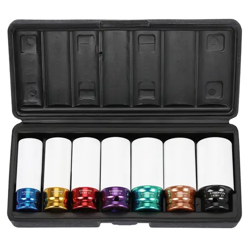 CASOMAN 1/2-Inch Drive Thin-Wall Wheel Protector Impact Socket Set, 7 CR-V Steel Metric 6-Point Non-Marring Sockets with Nylon Sleeves, Laser Etched Sizes (17mm,19mm,21mm,22mm,23mm,24mm,27mm) for Mechanics, Bolt Top Protect, Wheel Service Work Tools sohoc