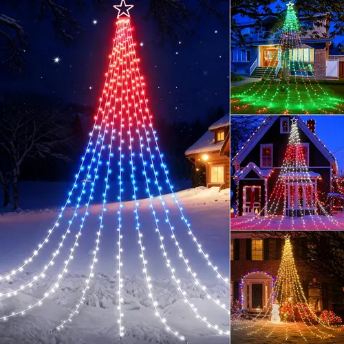 FLACCHI 16.7Ft Outdoor Star String Lights with Remote, RGB Waterfall Lights for Summer Party 4th of July House Decor