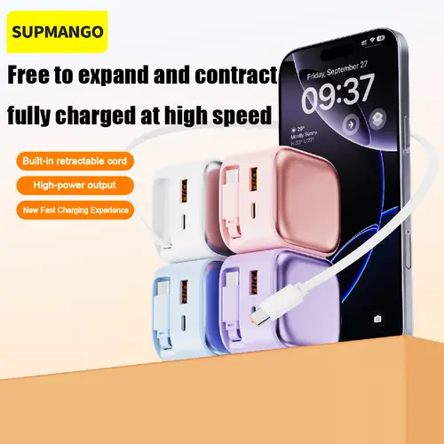 SUPMANGO 35W GaN USB Type-C Wall Phone Charger with Auto Reel, 2 Retractable 31.5-in Cables, 30 to 39.9 W Output, Fast Charging for MacBook Pro/Air, iPhone 17/16/15 Series - High-Efficiency White Electronic Cellphone Charger