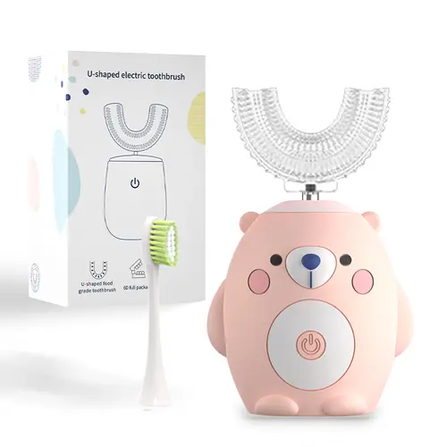 Kids' Rechargeable U-Shaped Ultrasonic Electric Toothbrush for 3-8 Years Old, Waterproof, Cute Animal Design, 2 Colorful Soft-Bristle Heads for Sensitive Gums, Easy Brushing, Bathroom Oral Care (Pink & Blue), Water Proof, Rechargeable Toothbrush