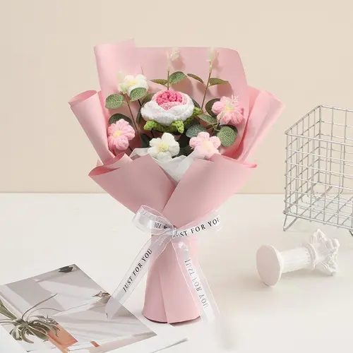 Handmade Crocheted Bouquet Flowers (1 Bunch) - Reusable Artificial Knitted Yarn Roses, Pink Wrapping Paper, Decorative Home & Room Decor, Festive Gift for Mother's Day, Birthdays, Decorative Flowers, Blossoming Gift