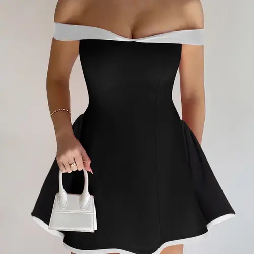 Women's Colorblock Off-Shoulder Backless A-Line Dress, Fashion Casual Short Sleeve for Party Club Holiday, Ladies Summer Womenswear, Dresses for party