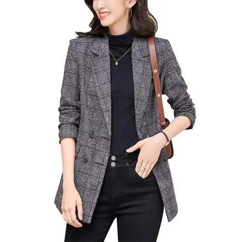 Ebossy Women's Houndstooth Plaid Blazer Jacket Notch Lapel Boyfriend Suit Casual Long Sleeve Fitted Outerwear with Flap Pockets Machine Washable