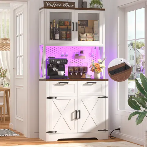 Cyclysio 71" Adjustable Freestanding Coffee Station Cabinet - Indoor Tall Functional Pullout Cupboard for Small Kitchen Organization, Microwave Stand, 4-Door Shelves, Wine Rack, LED Light, Power Outlet,dorm essentials,home decor