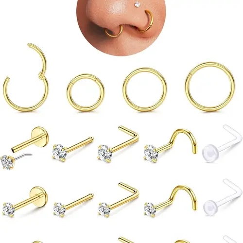 Gold Filled Nose Rings Studs Hinged Nose Hoops for Women Men: Body Piercing Jewelry 20G 18G 316L Surgical Stainless Steel Hypoallergenic Dainty Simulated Diamond L Shaped/Corkscrew/Straight/Push Back Nostril Piercing Jewelry with Rhinestone Nose Ring