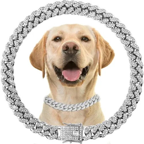 24-Inch Diamond Embellished Cuban Link Chain Collar for Large Dogs - Glitter Bling Decorative Wear Pet Neck Accessory with Glamour Boost