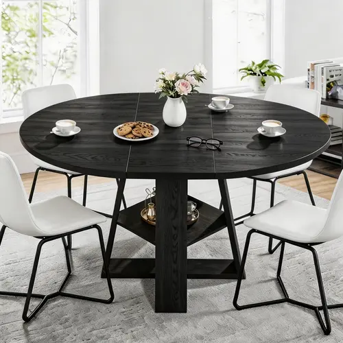 AHB 43.3in-59in Extendable Round Dining Table for 4-8, Expandable Oval Kitchen Table with Storage Shelf, Modern Circular Dinner Table with Sturdy V-Shaped Legs for Small Space, Living Room, Restaurant