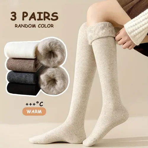3-Pair Women's Heavy Duty Thermal Over-the-Knee socks - Extreme Cold Weather - Thick Insulated Leg Warmers, Beige/Black/Gray/ - Everyday & Special Occasions, Winter Socks, Occasion Wear Warmth, Ribbed Cuff Warmth, Warm Weather Gear, Plush Fabric Interior